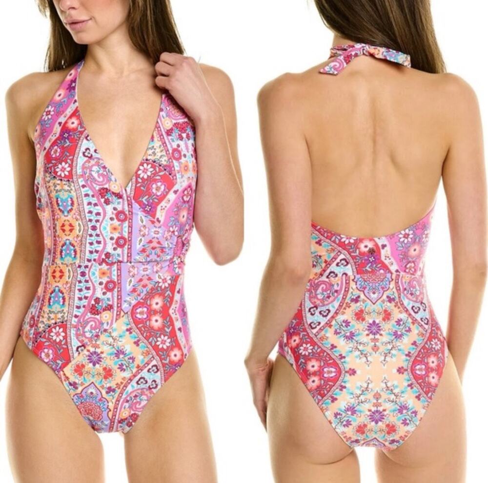 Nanette Lepore One Piece Swimsuit Floral Wrap Halter Size 12
